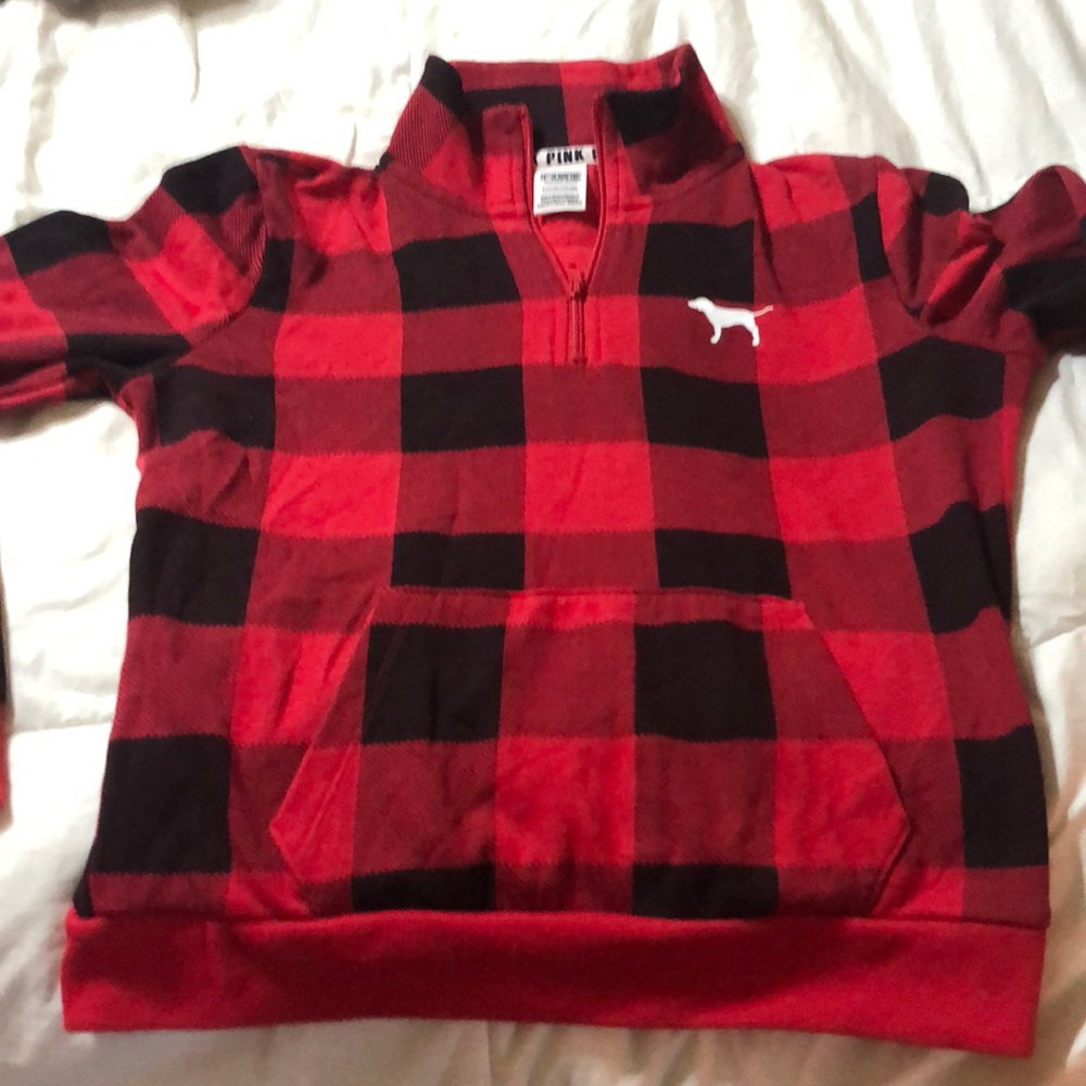 Pink mid zip red buffalo check pullover